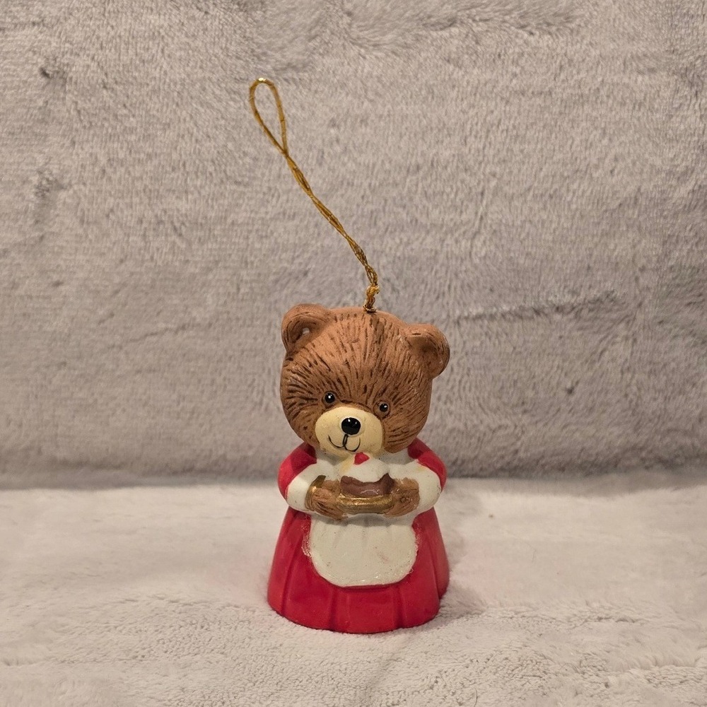 Vintage Jasco Ceramic Teddy Bear Christmas Bell Ornament Red Dress Cake Taiwan